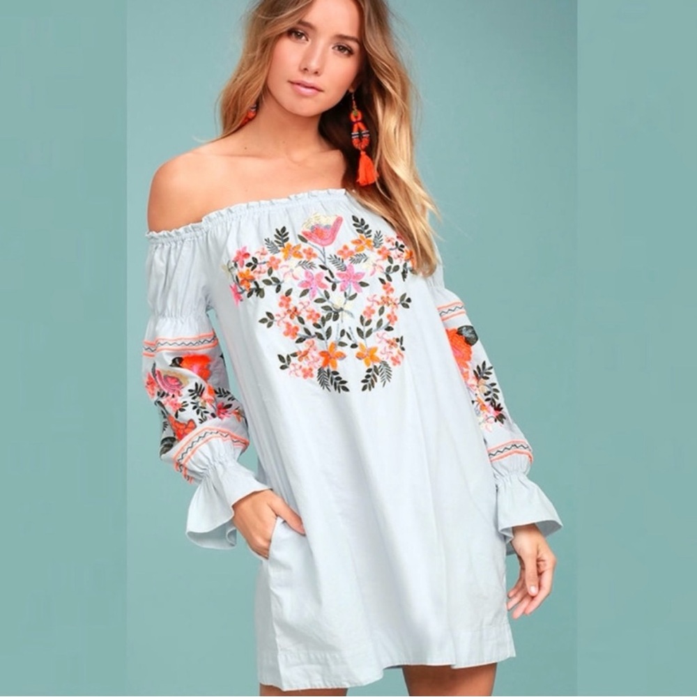 Free People Floral Embroidered Off-Shoulder Dress